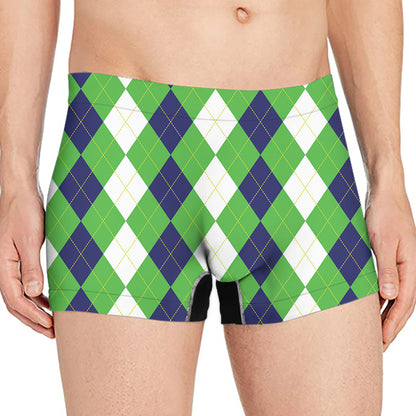 White Navy And Green Argyle Print Men's Boxer Briefs