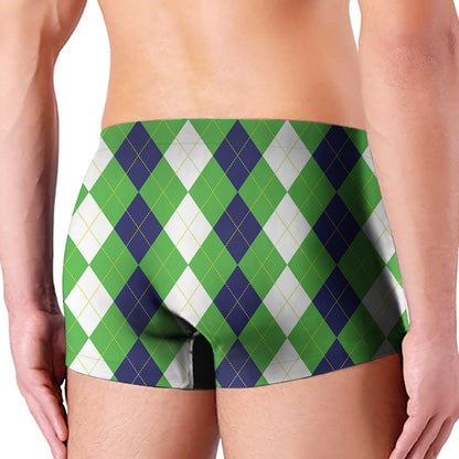 White Navy And Green Argyle Print Men's Boxer Briefs