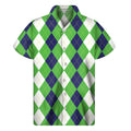 White Navy And Green Argyle Print Men's Short Sleeve Shirt