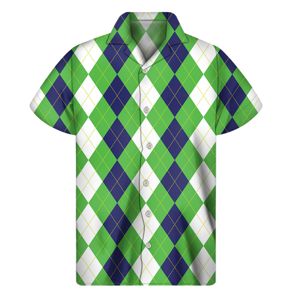 White Navy And Green Argyle Print Men's Short Sleeve Shirt