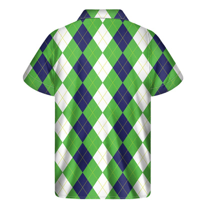 White Navy And Green Argyle Print Men's Short Sleeve Shirt