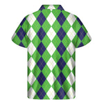 White Navy And Green Argyle Print Men's Short Sleeve Shirt