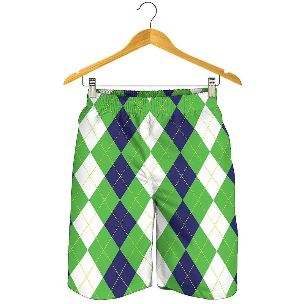 White Navy And Green Argyle Print Men's Shorts