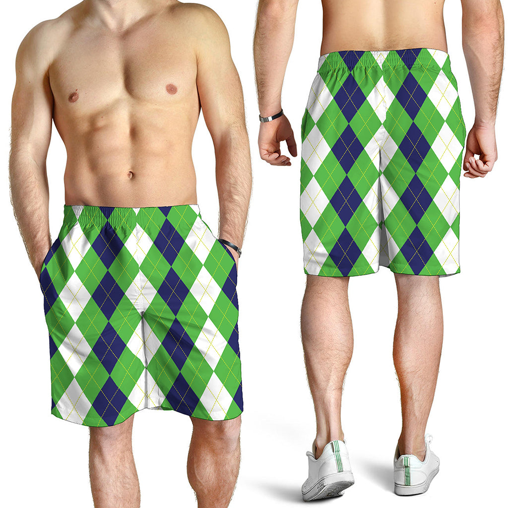 White Navy And Green Argyle Print Men's Shorts