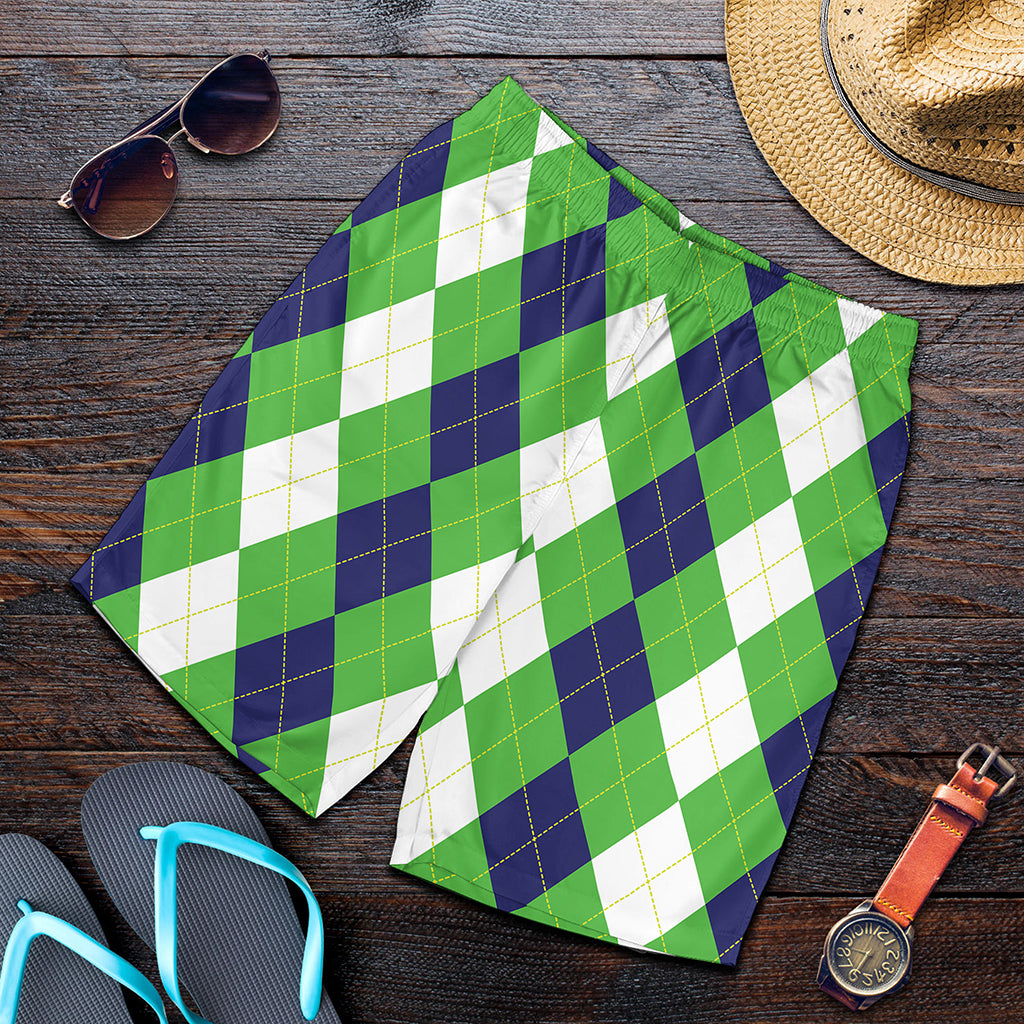 White Navy And Green Argyle Print Men's Shorts