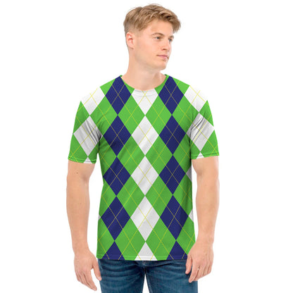 White Navy And Green Argyle Print Men's T-Shirt