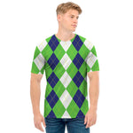 White Navy And Green Argyle Print Men's T-Shirt