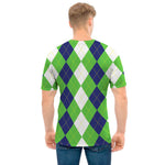 White Navy And Green Argyle Print Men's T-Shirt