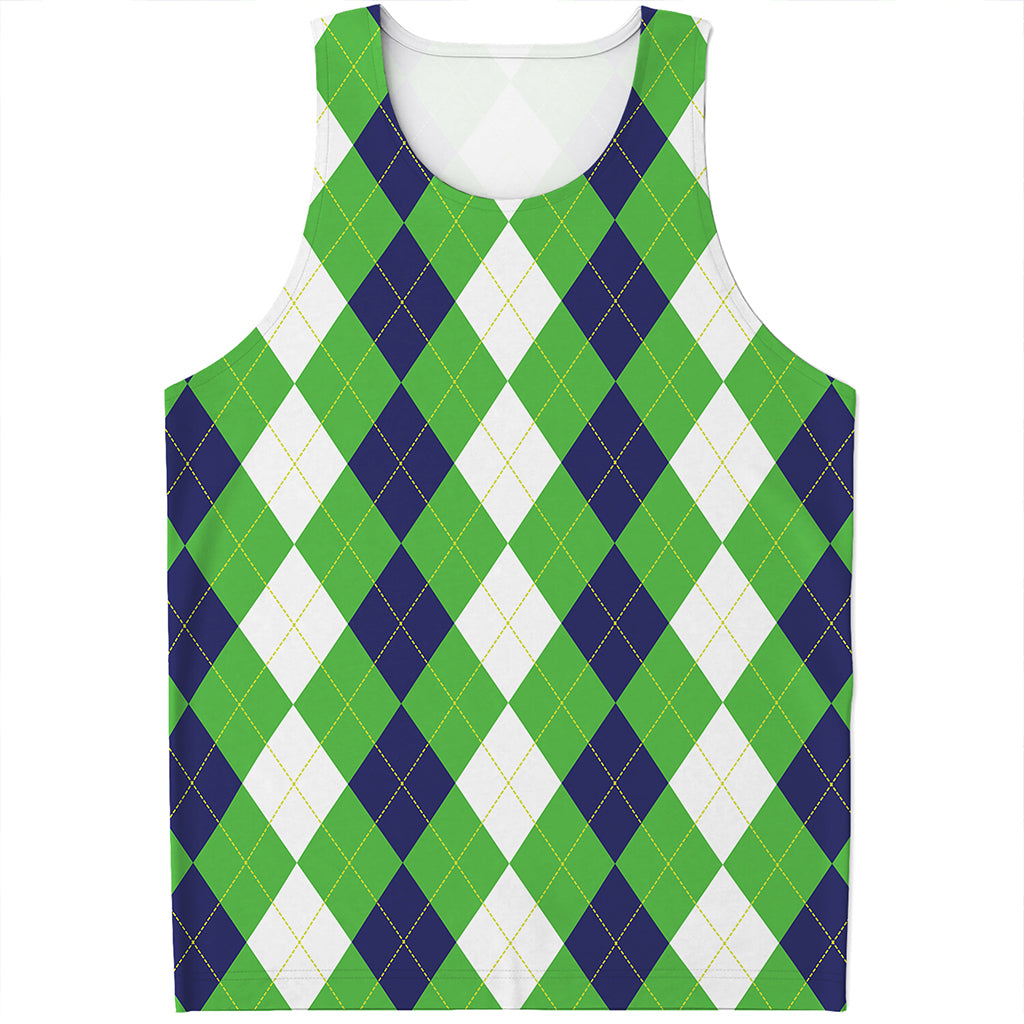 White Navy And Green Argyle Print Men's Tank Top