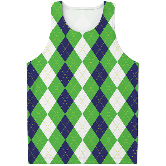 White Navy And Green Argyle Print Men's Tank Top
