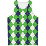 White Navy And Green Argyle Print Men's Tank Top