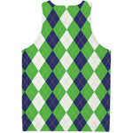 White Navy And Green Argyle Print Men's Tank Top