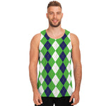 White Navy And Green Argyle Print Men's Tank Top