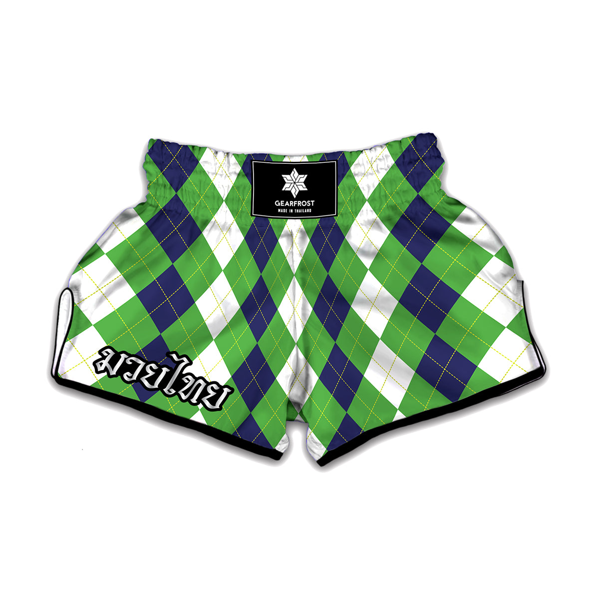 White Navy And Green Argyle Print Muay Thai Boxing Shorts