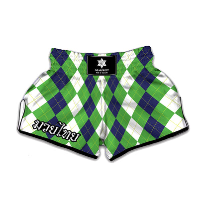 White Navy And Green Argyle Print Muay Thai Boxing Shorts