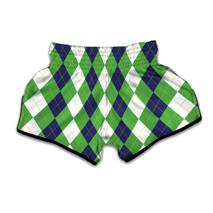 White Navy And Green Argyle Print Muay Thai Boxing Shorts