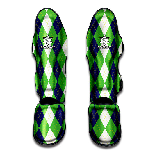 White Navy And Green Argyle Print Muay Thai Shin Guard