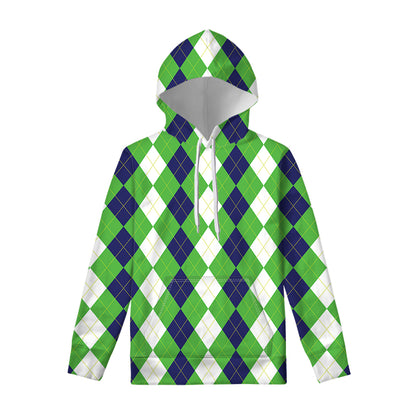 White Navy And Green Argyle Print Pullover Hoodie