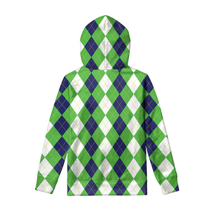 White Navy And Green Argyle Print Pullover Hoodie