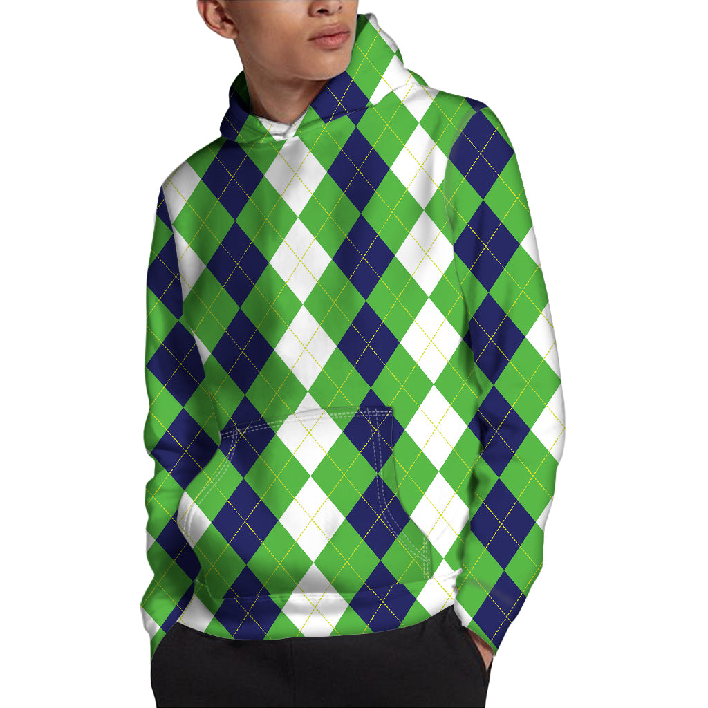 White Navy And Green Argyle Print Pullover Hoodie