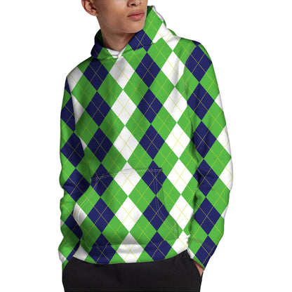 White Navy And Green Argyle Print Pullover Hoodie