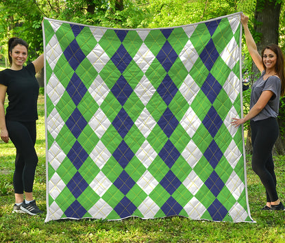 White Navy And Green Argyle Print Quilt