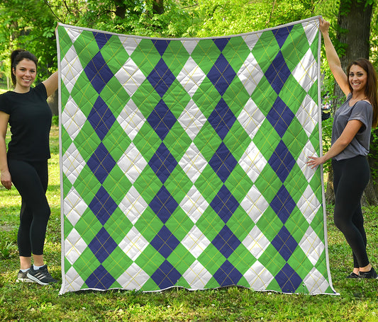 White Navy And Green Argyle Print Quilt