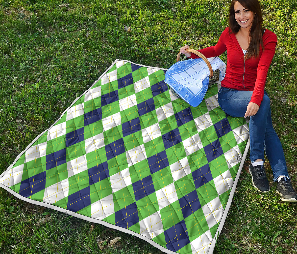 White Navy And Green Argyle Print Quilt