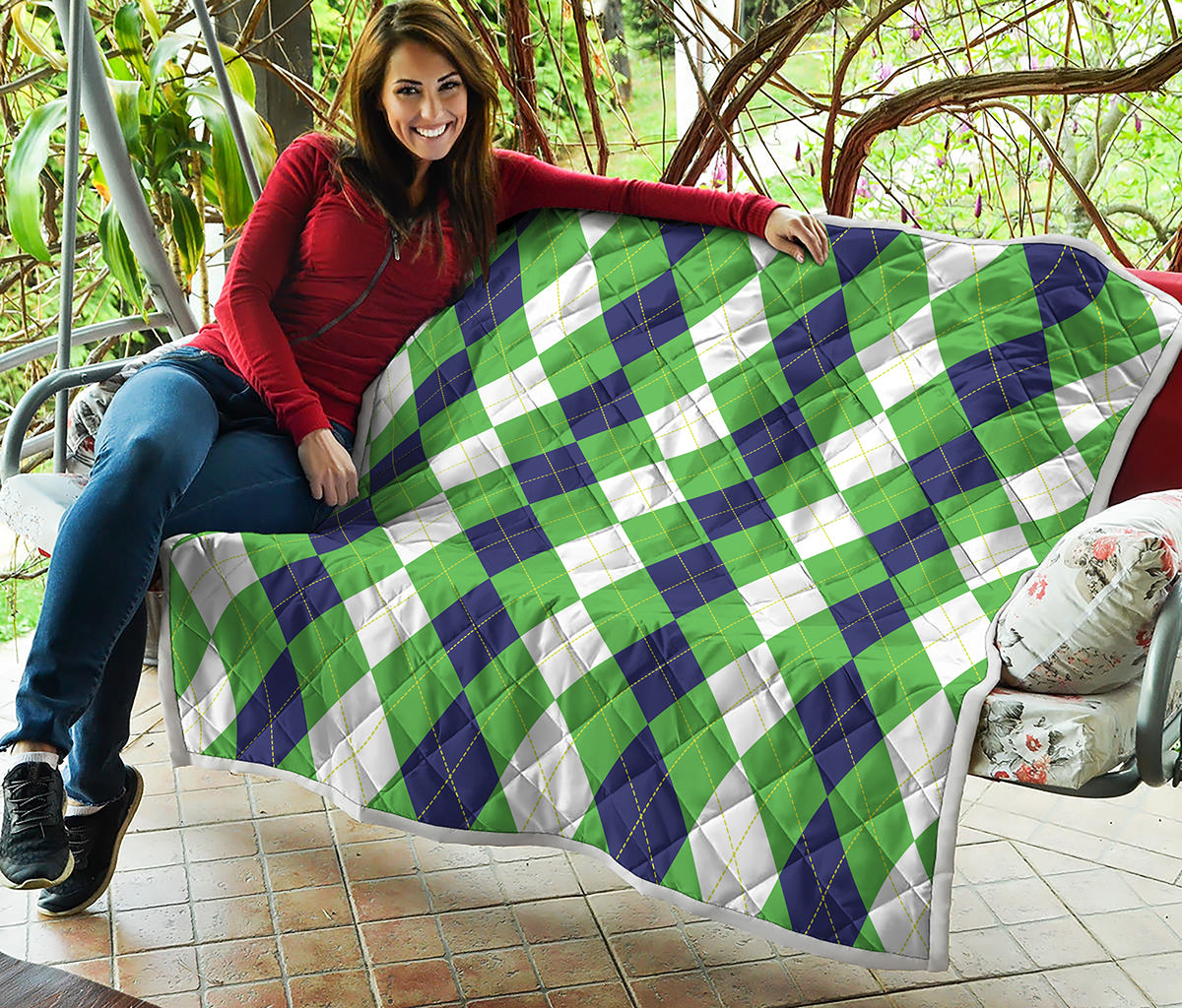 White Navy And Green Argyle Print Quilt