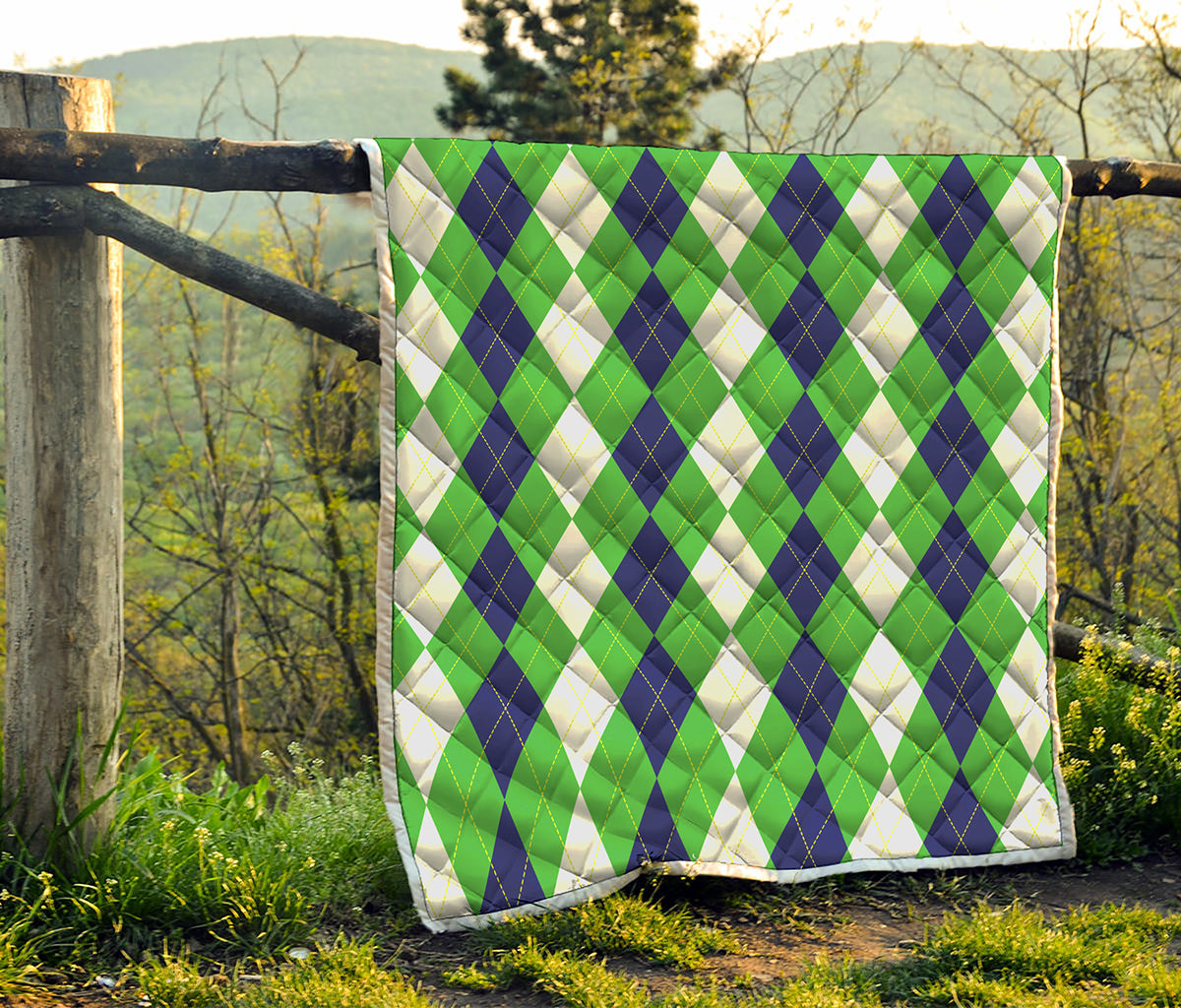 White Navy And Green Argyle Print Quilt
