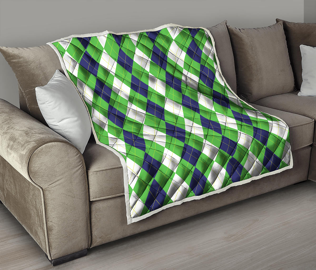 White Navy And Green Argyle Print Quilt