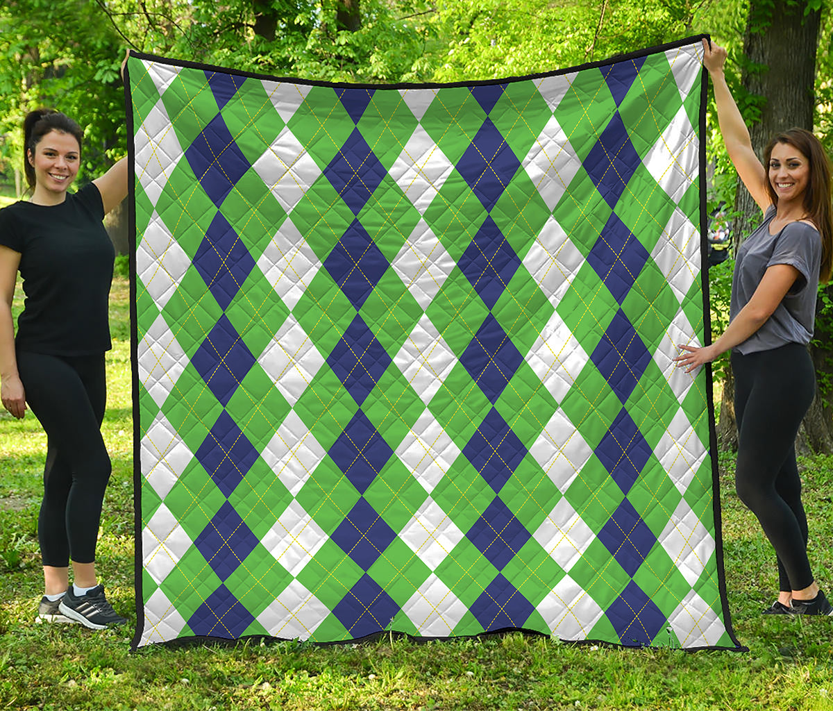 White Navy And Green Argyle Print Quilt