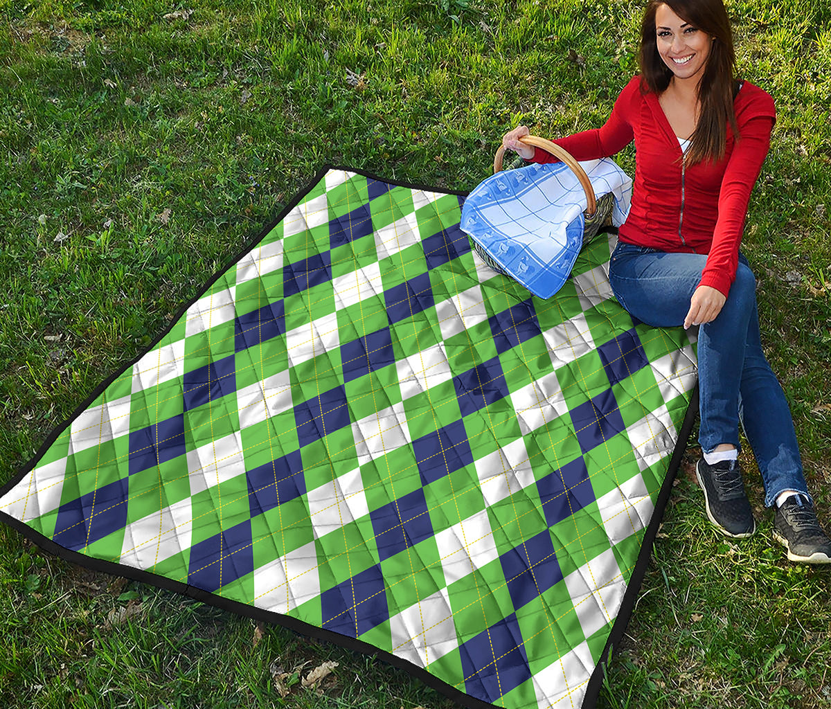 White Navy And Green Argyle Print Quilt