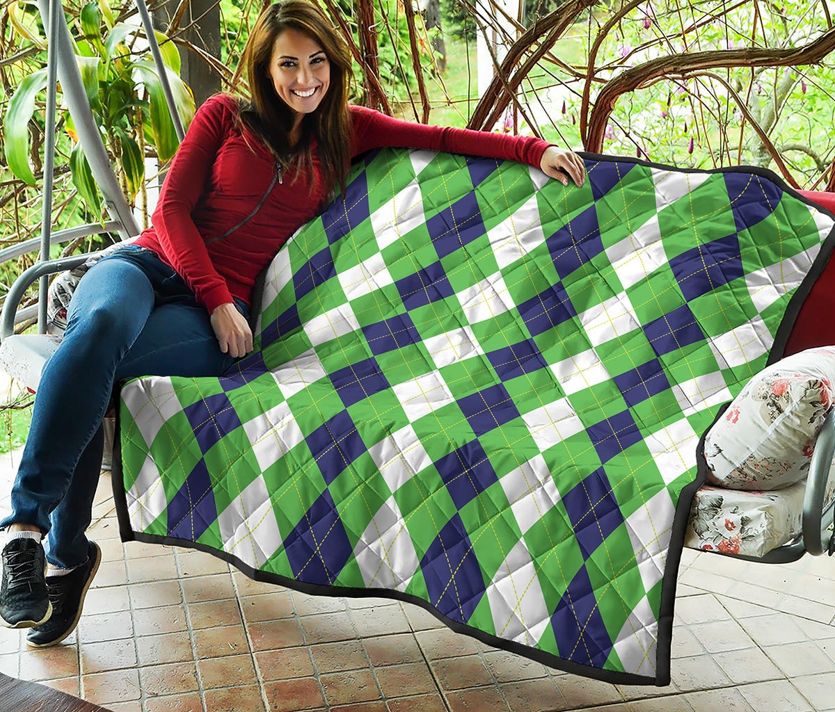 White Navy And Green Argyle Print Quilt