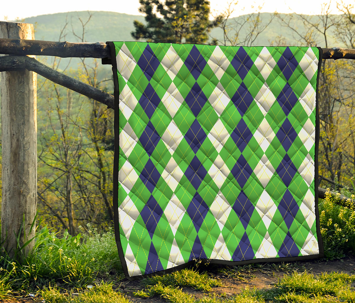 White Navy And Green Argyle Print Quilt
