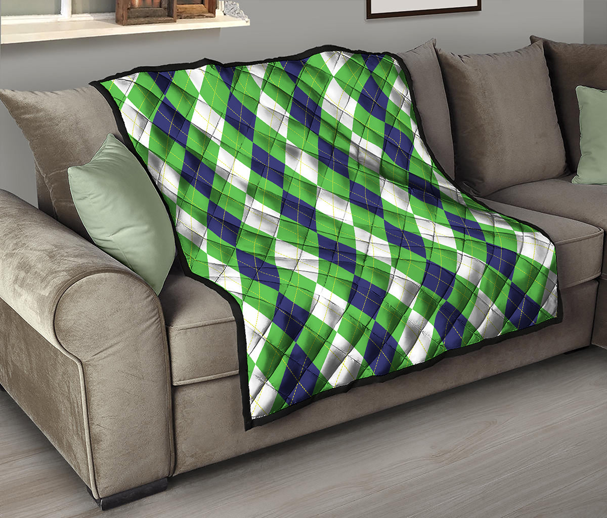White Navy And Green Argyle Print Quilt