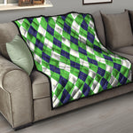 White Navy And Green Argyle Print Quilt