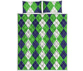 White Navy And Green Argyle Print Quilt Bed Set