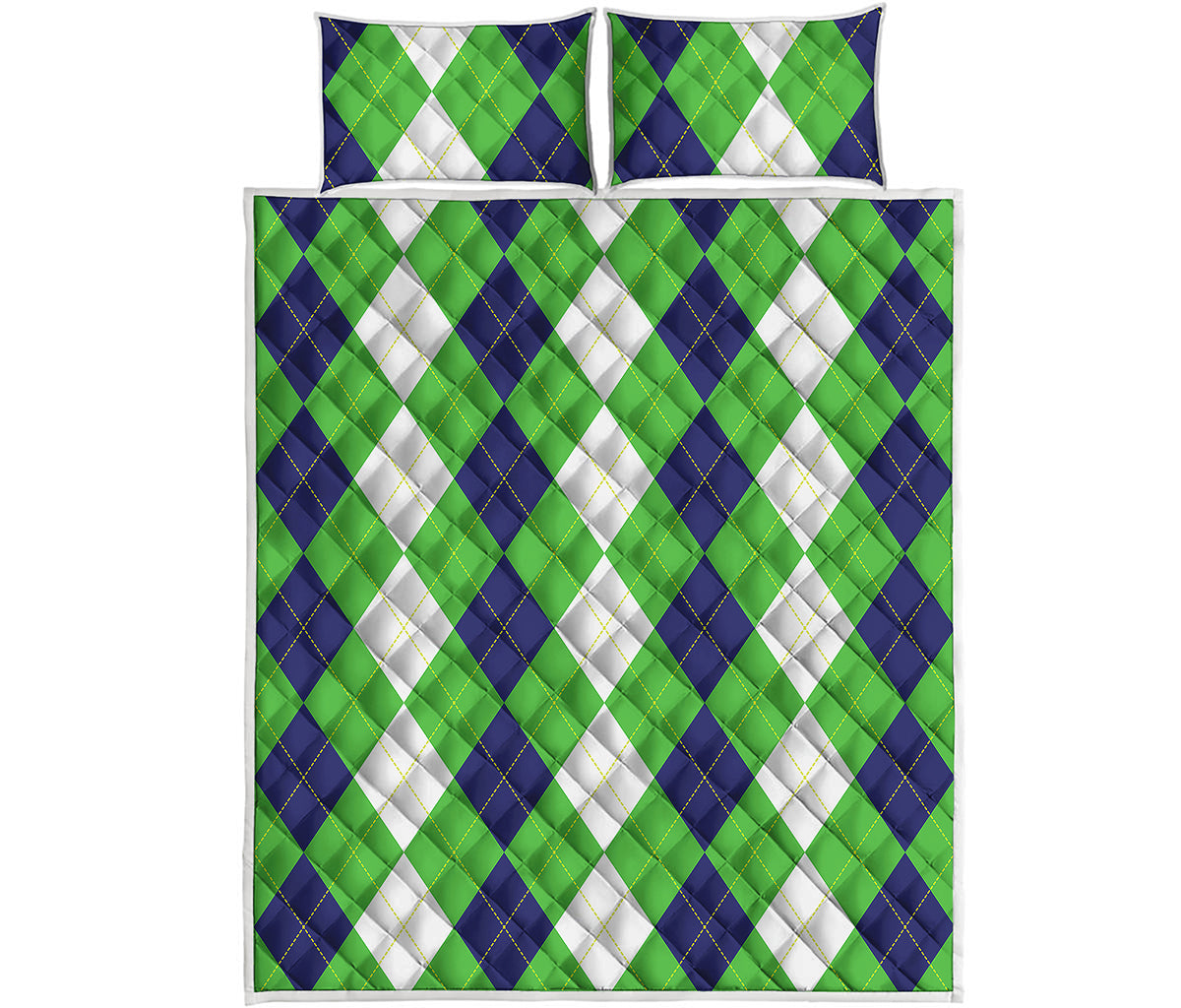 White Navy And Green Argyle Print Quilt Bed Set