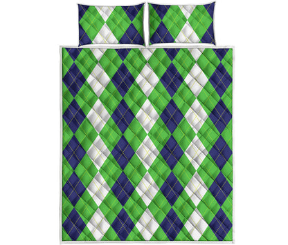 White Navy And Green Argyle Print Quilt Bed Set