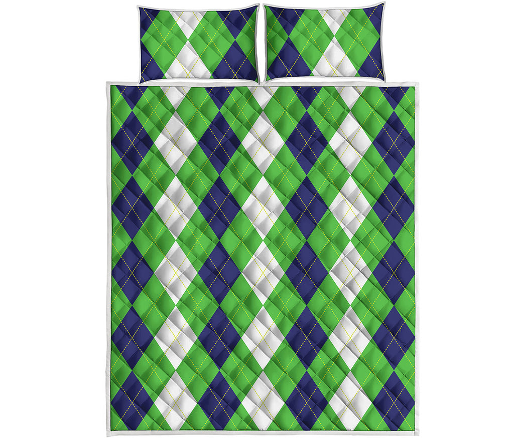 White Navy And Green Argyle Print Quilt Bed Set