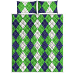 White Navy And Green Argyle Print Quilt Bed Set