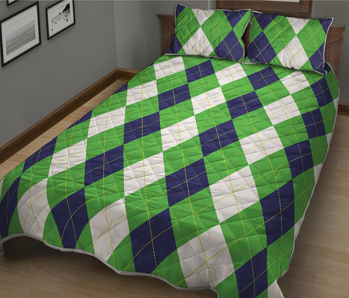 White Navy And Green Argyle Print Quilt Bed Set