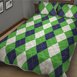 White Navy And Green Argyle Print Quilt Bed Set