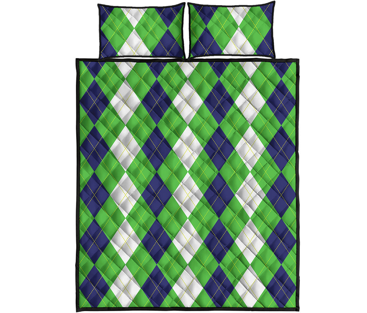 White Navy And Green Argyle Print Quilt Bed Set