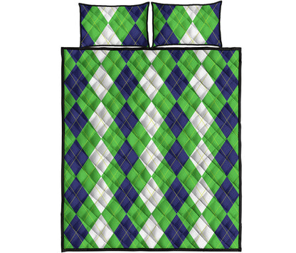 White Navy And Green Argyle Print Quilt Bed Set