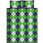 White Navy And Green Argyle Print Quilt Bed Set