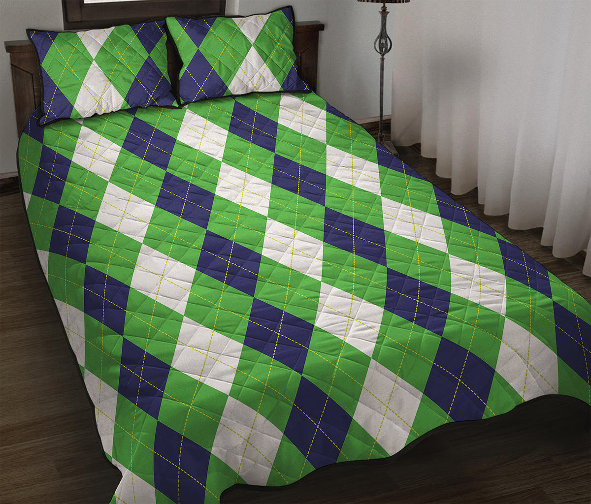White Navy And Green Argyle Print Quilt Bed Set