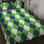 White Navy And Green Argyle Print Quilt Bed Set