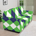 White Navy And Green Argyle Print Sofa Cover